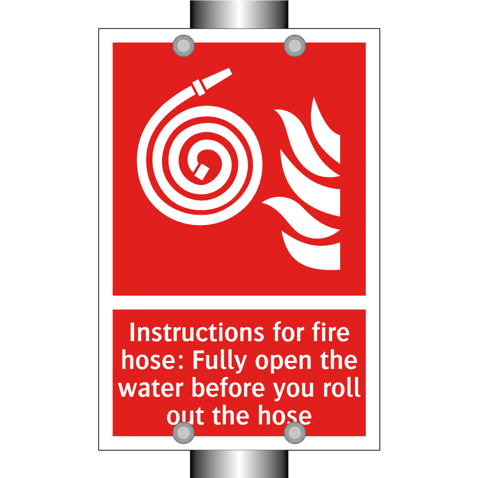 Instructions for fire hose: Fully open the water before you roll out the hose