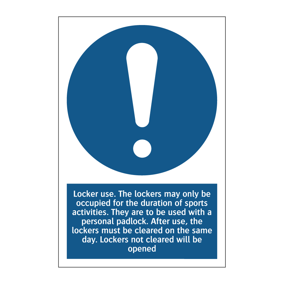 Locker use. The lockers may only be occupied for the duration of sports activities. They are to be used with a personal padlock. After use, the lockers must be cleared on the same day. Lockers not cleared will be opened