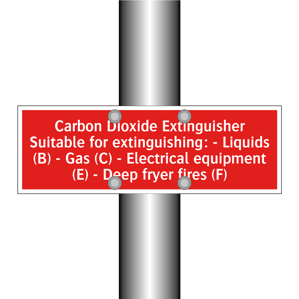 Carbon Dioxide Extinguisher Suitable for extinguishing: - Liquids (B) - Gas (C) - Electrical equipment (E) - Deep fryer fires (F)
