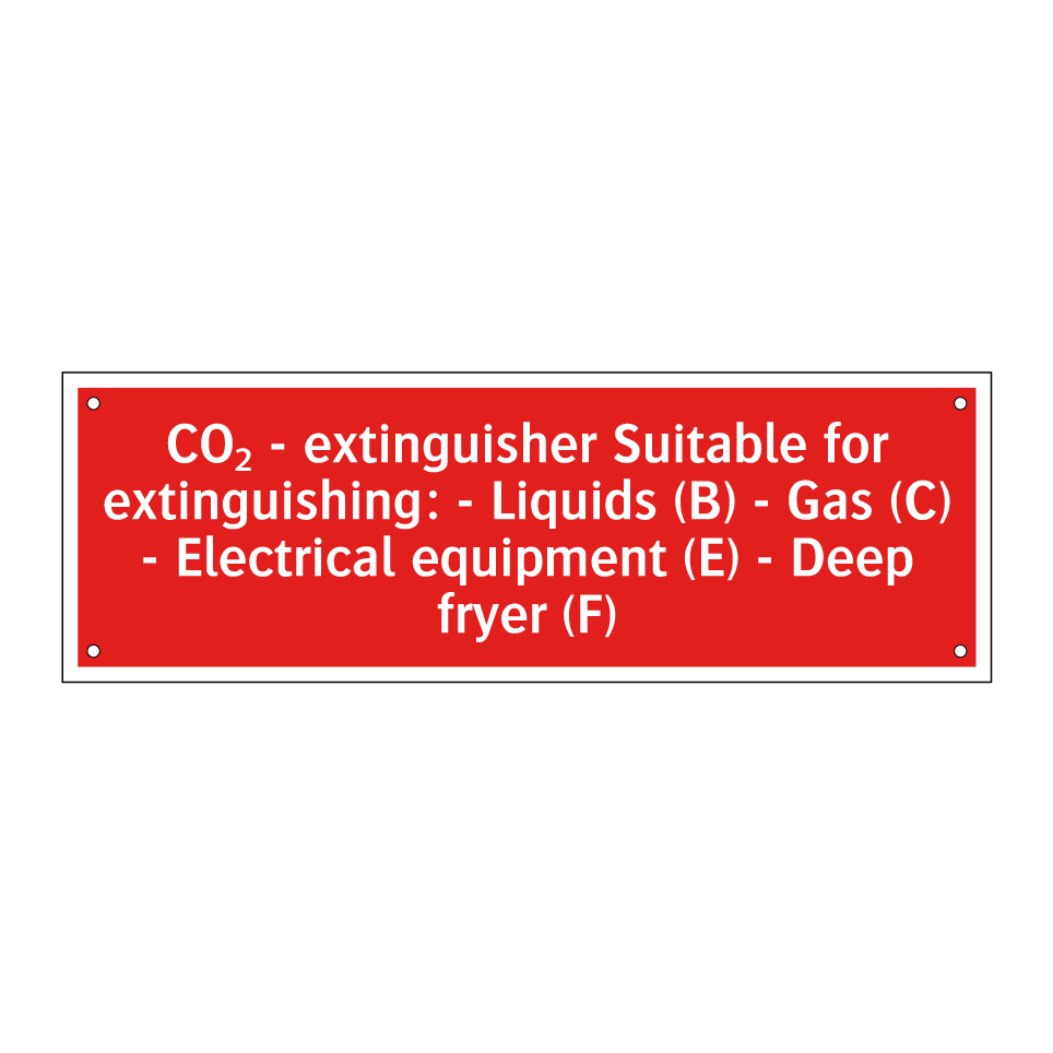 CO₂ - extinguisher Suitable for extinguishing: - Liquids (B) - Gas (C) - Electrical equipment (E) - Deep fryer (F)