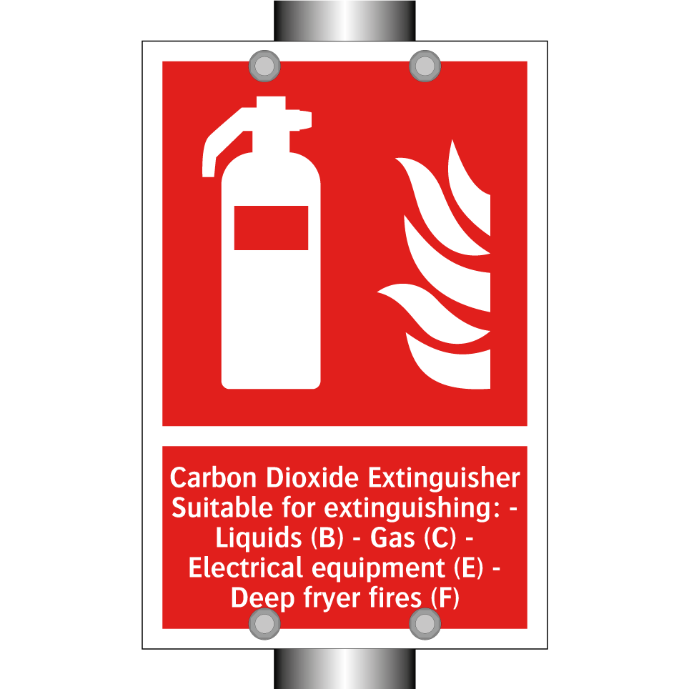 Carbon Dioxide Extinguisher Suitable for extinguishing: - Liquids (B) - Gas (C) - Electrical equipment (E) - Deep fryer fires (F)