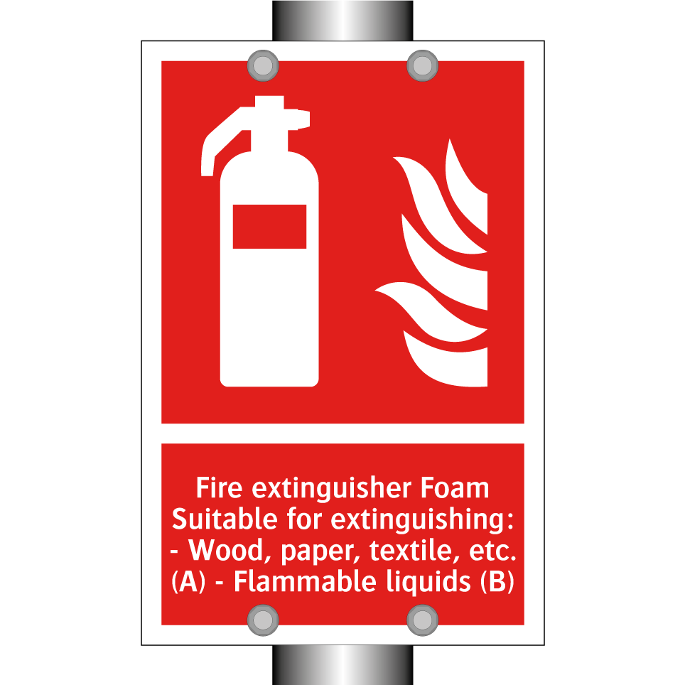 Fire extinguisher Foam Suitable for extinguishing: - Wood, paper, textile, etc. (A) - Flammable liquids (B)
