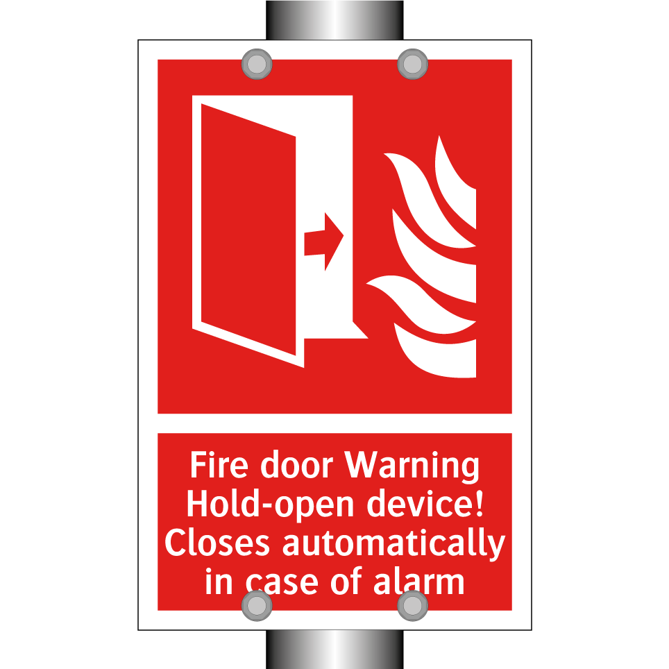 Fire door Warning Hold-open device! Closes automatically in case of alarm