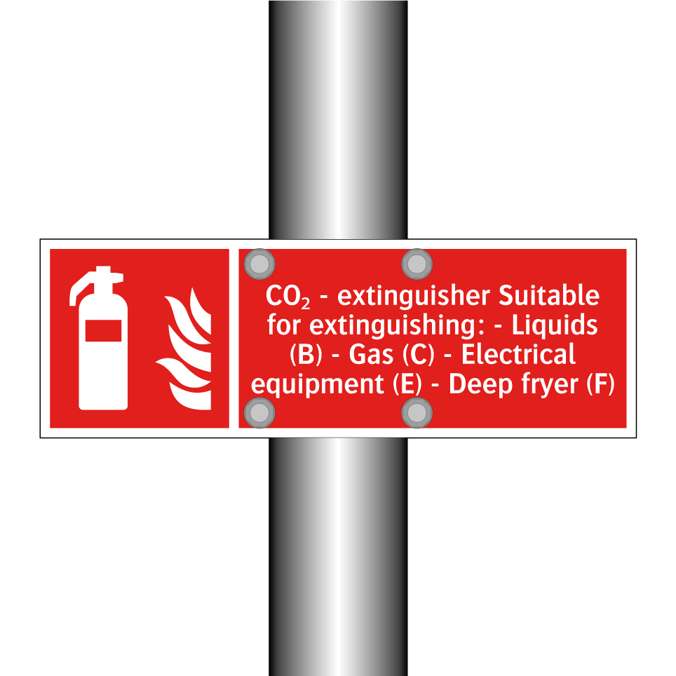 CO₂ - extinguisher Suitable for extinguishing: - Liquids (B) - Gas (C) - Electrical equipment (E) - Deep fryer (F)