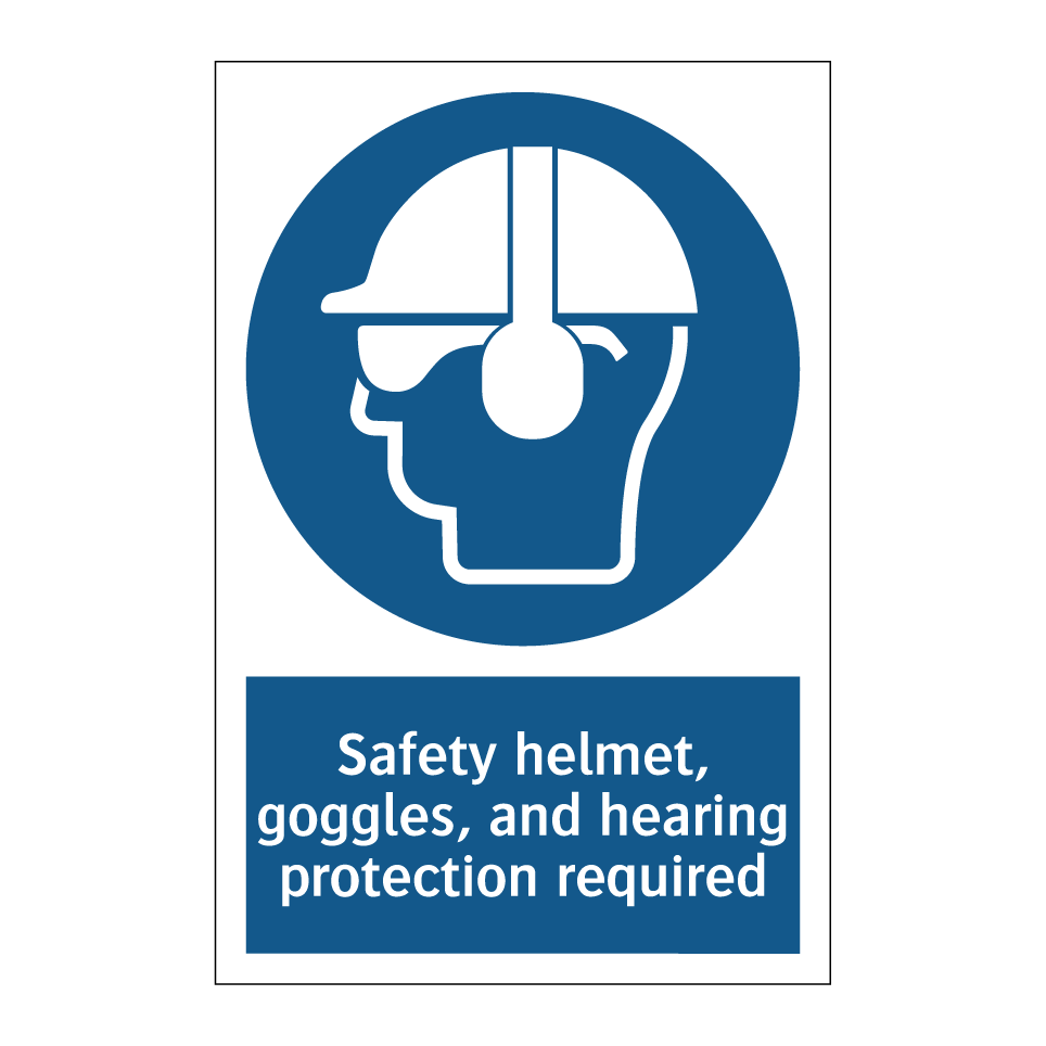 Safety helmet, goggles, and hearing protection required