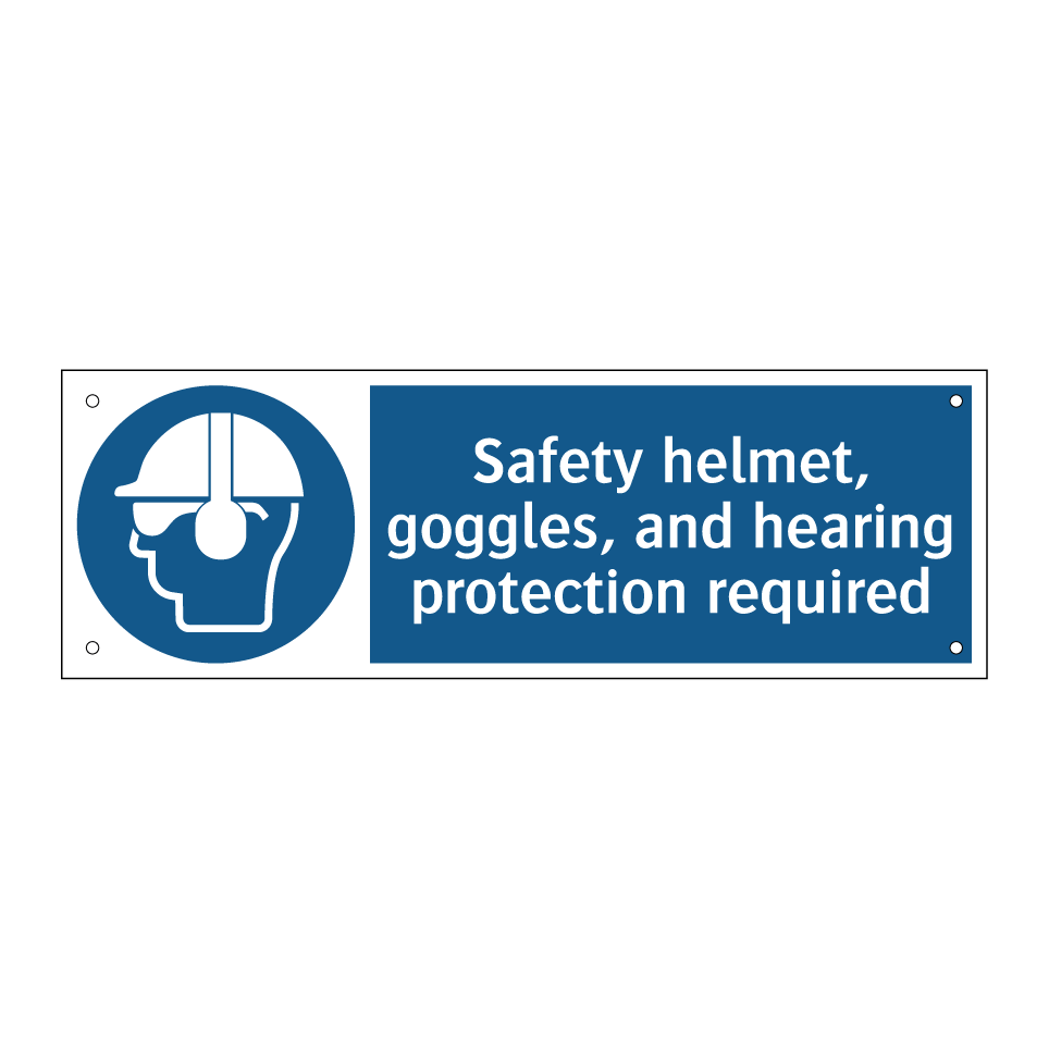 Safety helmet, goggles, and hearing protection required