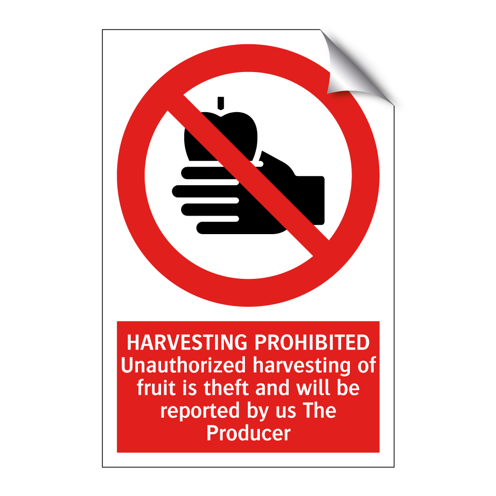 HARVESTING PROHIBITED Unauthorized harvesting of fruit is theft and will be reported by us The Producer