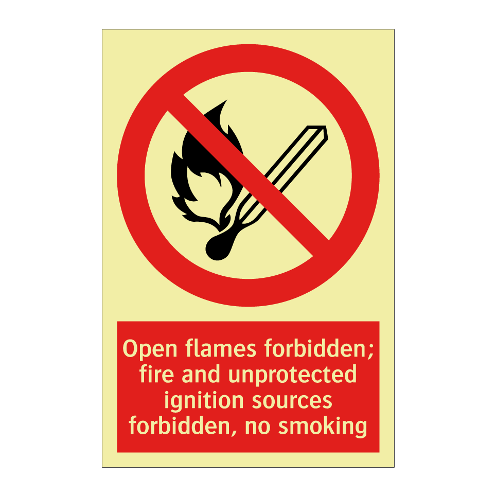 Open flames forbidden; fire and unprotected ignition sources forbidden, no smoking