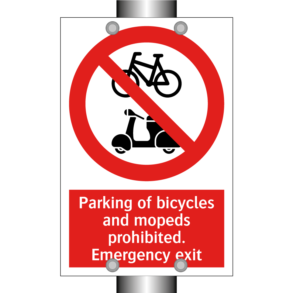Parking of bicycles and mopeds prohibited. Emergency exit