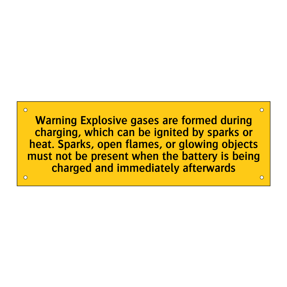 Warning Explosive gases are formed during charging, which can be ignited by sparks or heat. Sparks, open flames, or glowing objects must not be present when the battery is being charged and immediately afterwards