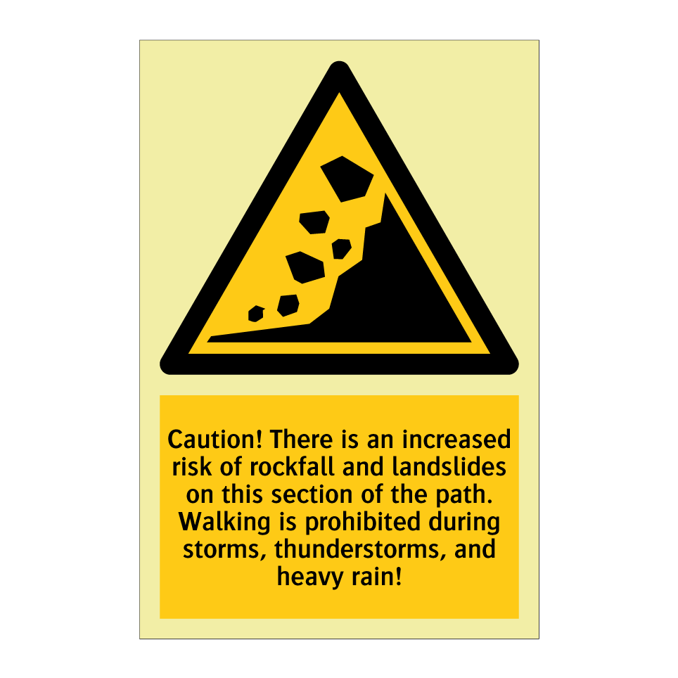 Caution! There is an increased risk of rockfall and landslides on this section of the path. Walking is prohibited during storms, thunderstorms, and heavy rain!