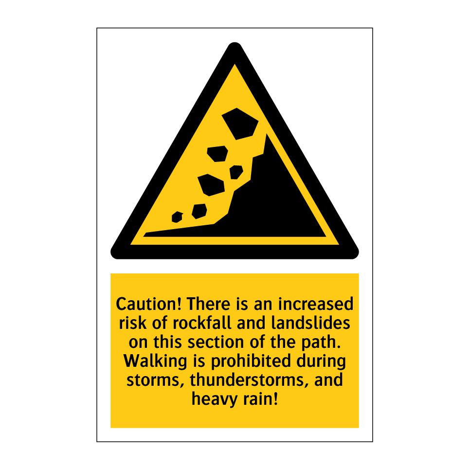 Caution! There is an increased risk of rockfall and landslides on this section of the path. Walking is prohibited during storms, thunderstorms, and heavy rain!