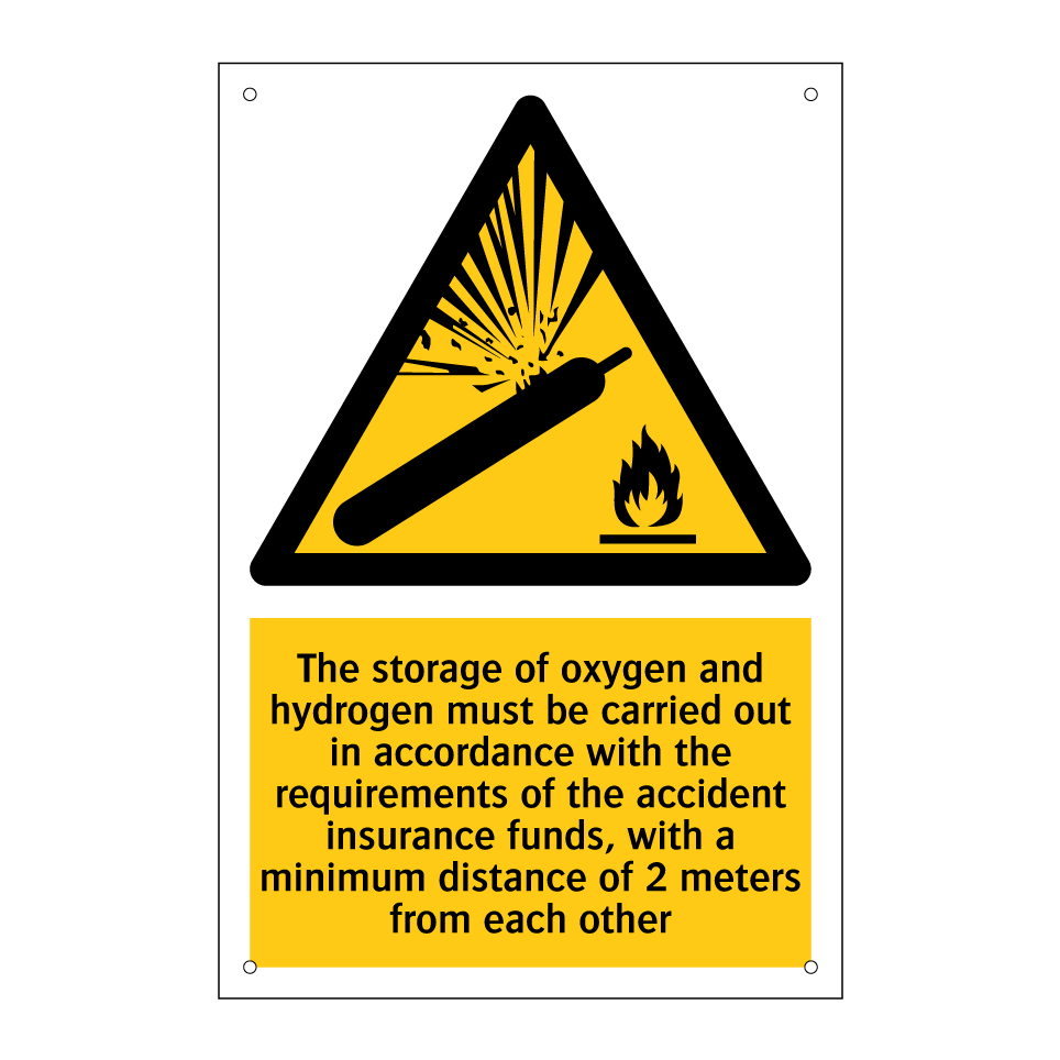 The storage of oxygen and hydrogen must be carried out in accordance with the requirements of the accident insurance funds, with a minimum distance of 2 meters from each other