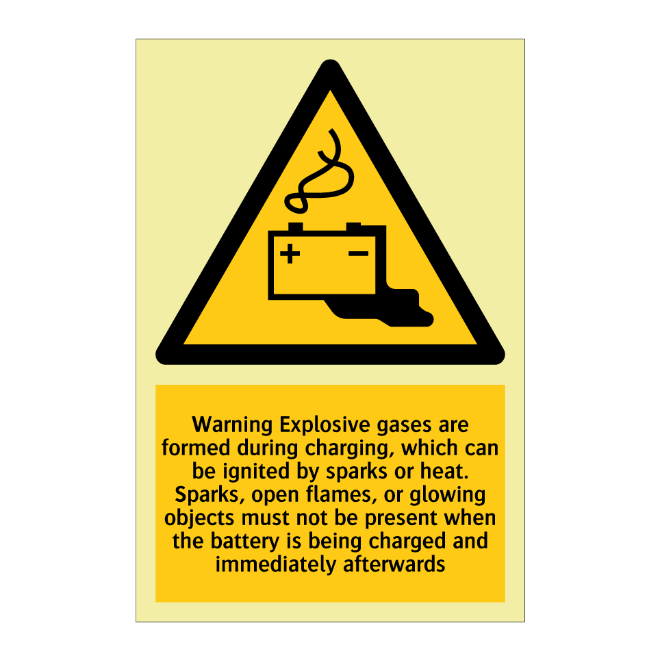 Warning Explosive gases are formed during charging, which can be ignited by sparks or heat. Sparks, open flames, or glowing objects must not be present when the battery is being charged and immediately afterwards