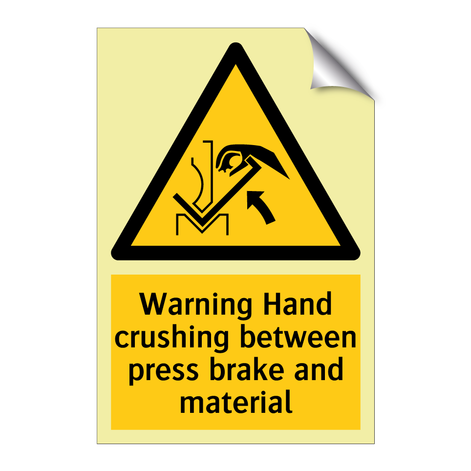 Warning Hand crushing between press brake and material