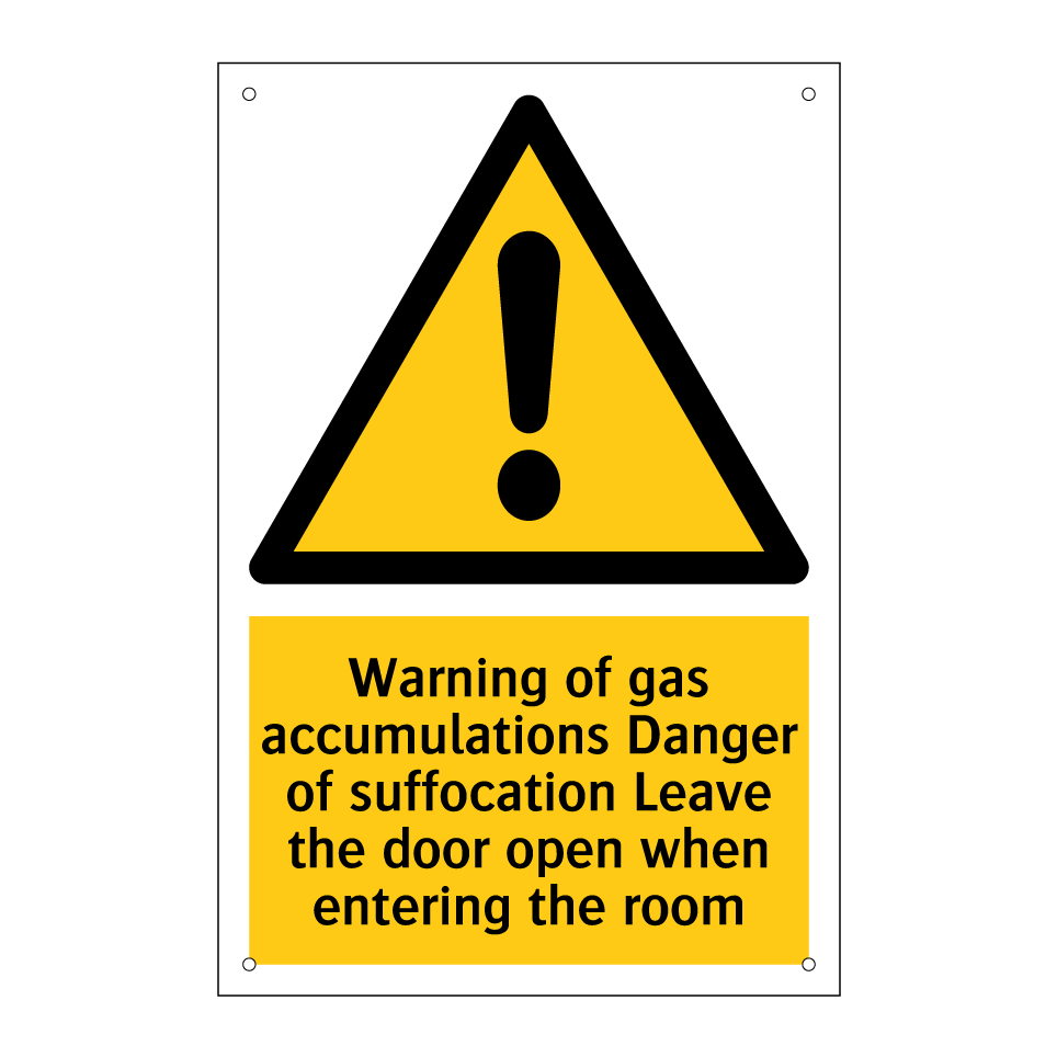 Warning of gas accumulations Danger of suffocation Leave the door open when entering the room