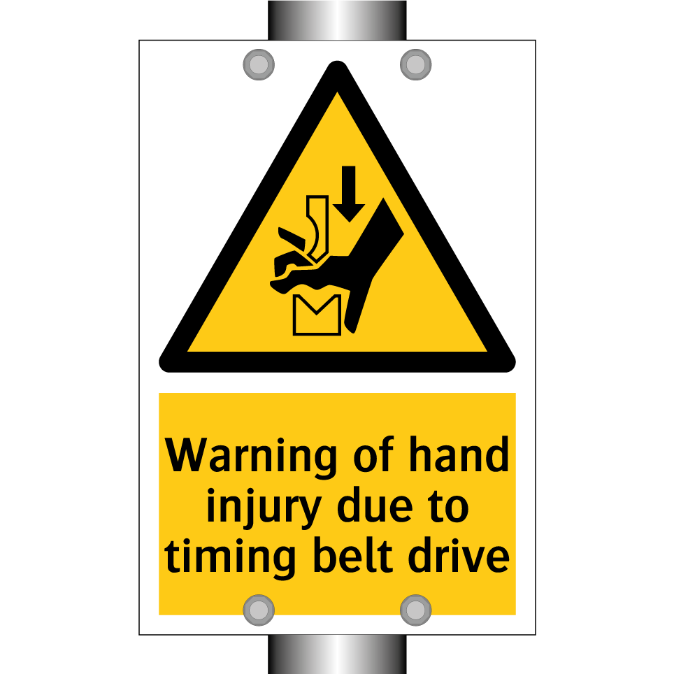 Warning of hand injury due to timing belt drive