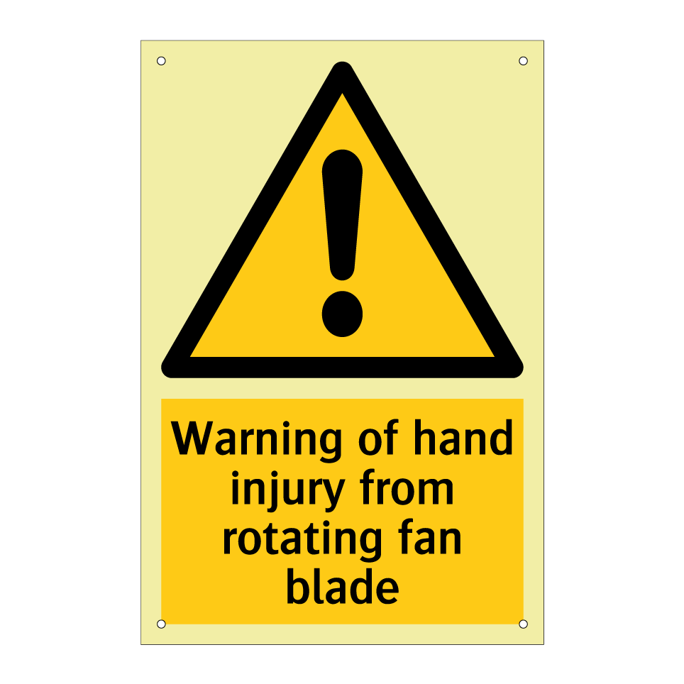 Warning of hand injury from rotating fan blade