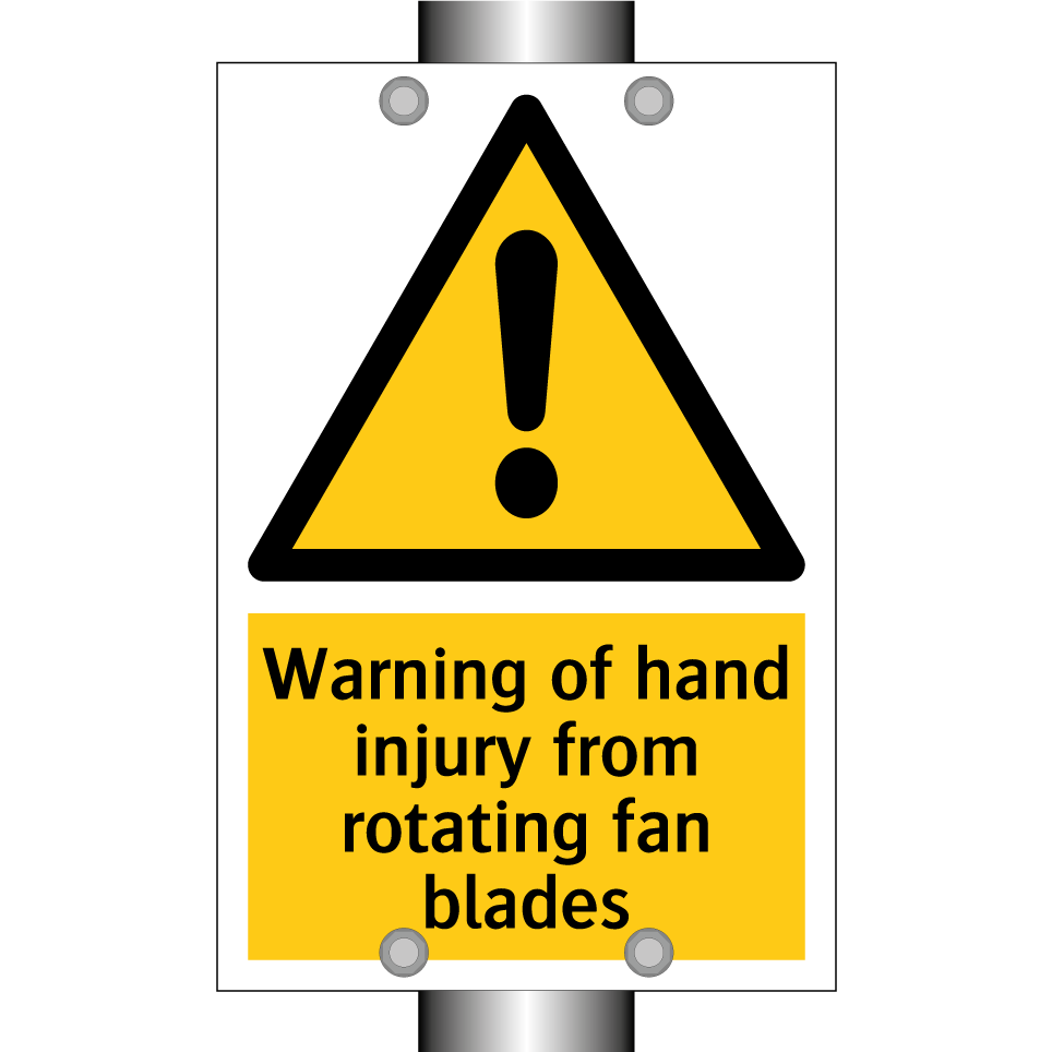 Warning of hand injury from rotating fan blades