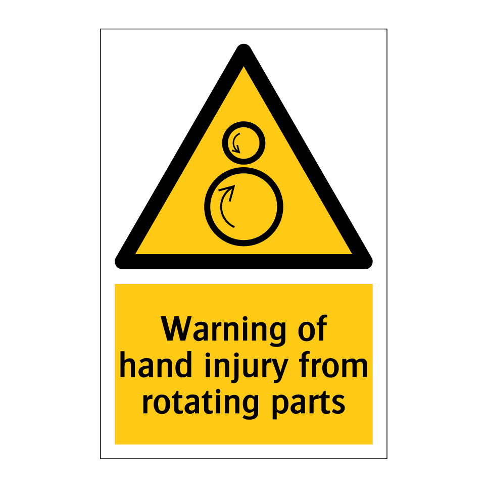 Warning of hand injury from rotating parts
