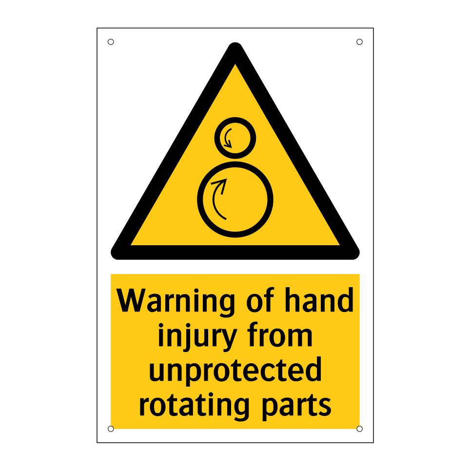 Warning of hand injury from unprotected rotating parts