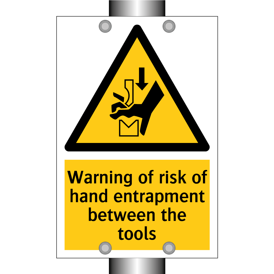 Warning of risk of hand entrapment between the tools