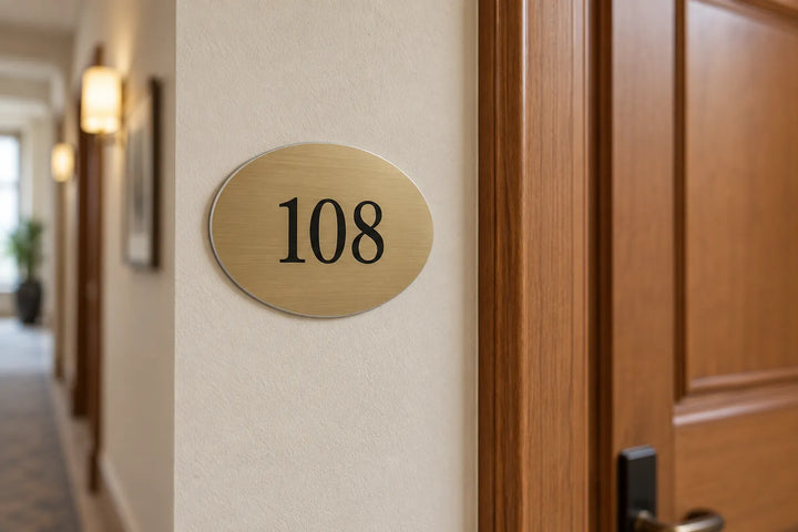 Oval brass-look hotel room number plaque 108