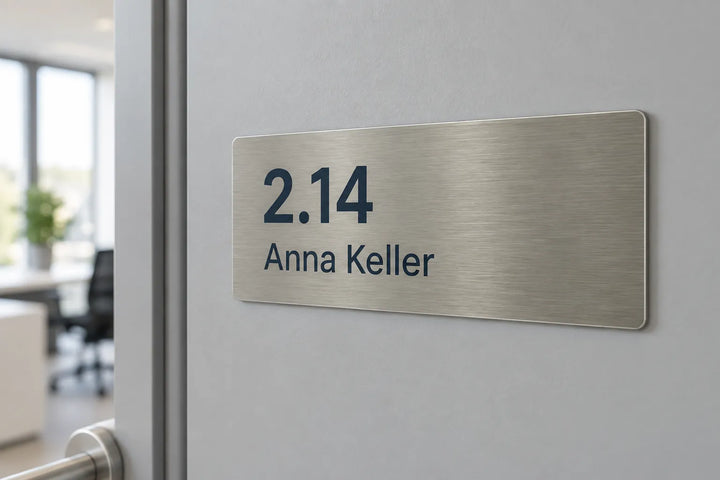 Brushed aluminium door plaque with room number and name on an office door