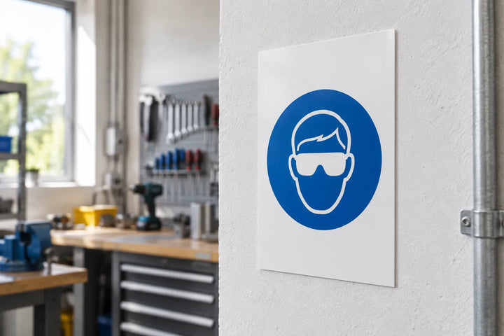 PVC mandatory safety sign for eye protection in a workshop